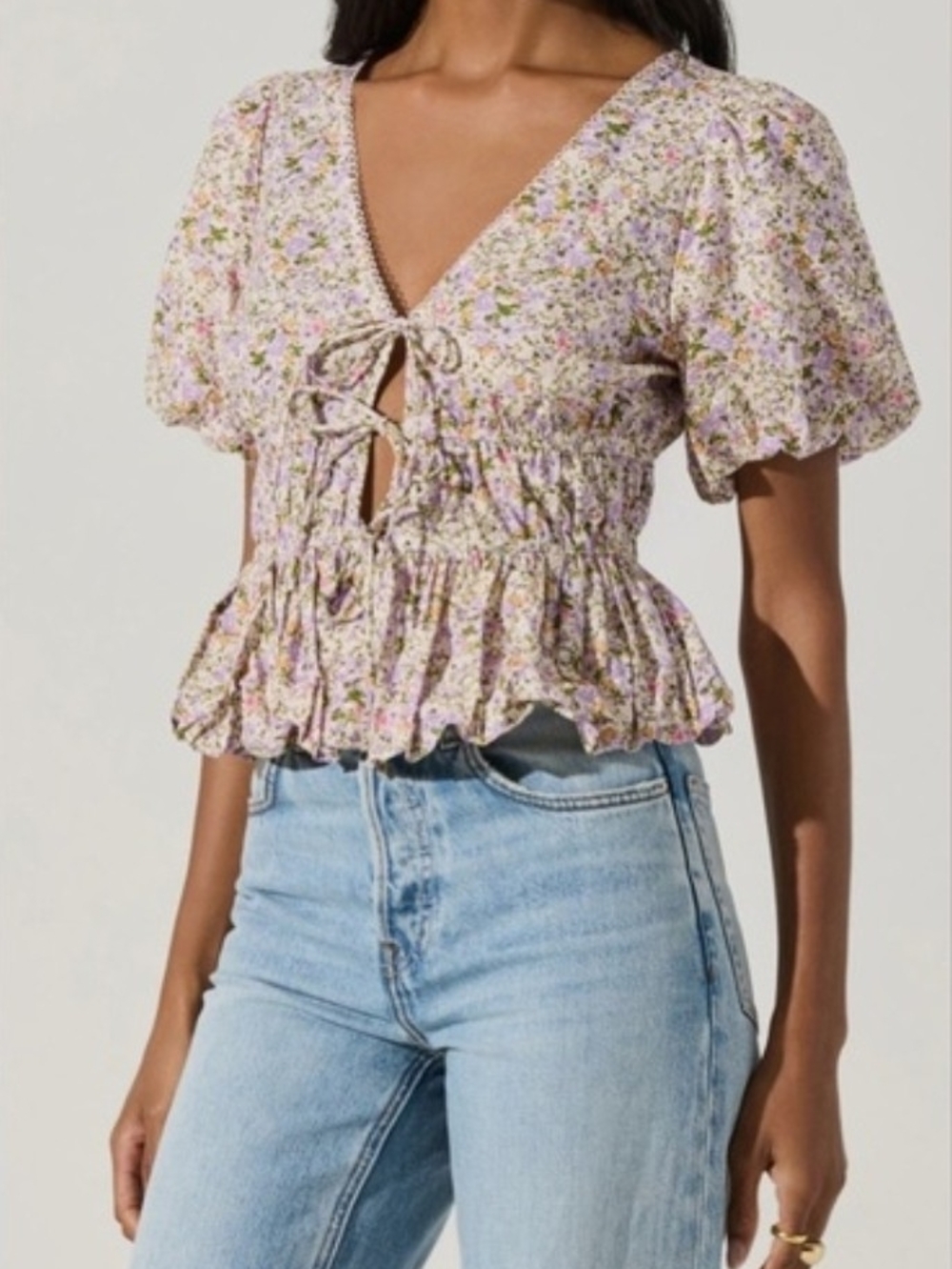 Astr Floral Tie-Front Peplum Top Size M